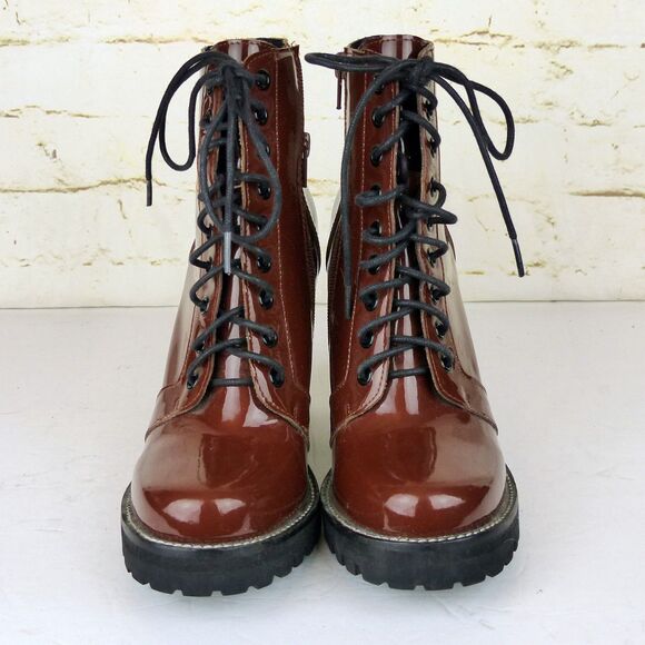 Jeffrey Campbell Legion Boot Women 8M Red Patent Leather Heel Lace Zip Lug Ankle - Picture 5 of 14